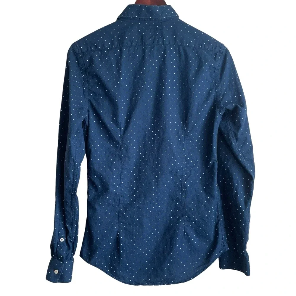 Zara Mens Shirt S Slim Fit Blue‎ Dots Button Up Preppy Travel Office Academia